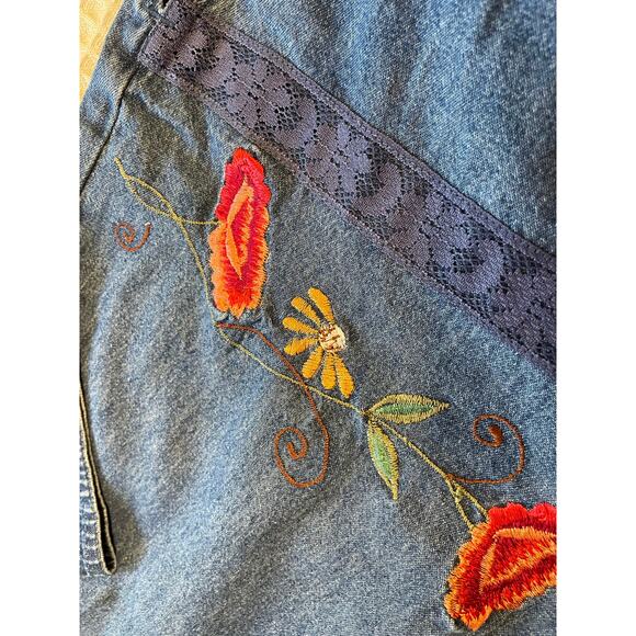 Erika Floral Embroidered Cottagecore 100% Cotton Chambray Button Up Blouse Large - Picture 6 of 9